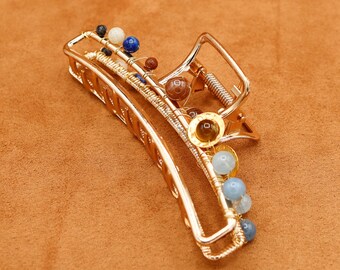 8 Planets Semiprecious Stone and Wire-Wrapped Hair Claw Clip Gold