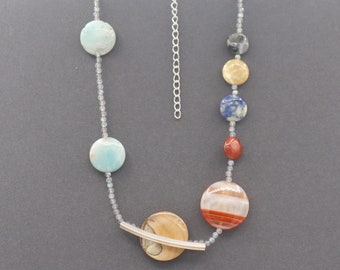 Solar System Necklaces with Semiprecious Stone Coin Beads