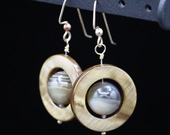 Saturn Dangle Earrings Agate Mother of Pearl 14kt gold-filled Handmade