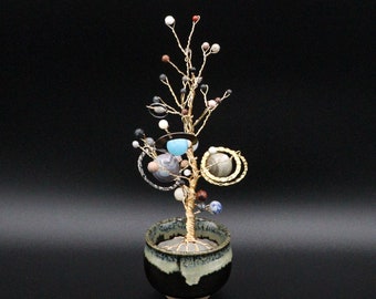 Planet Tree Solar System Semiprecious Stone and Wire Sculpture #74