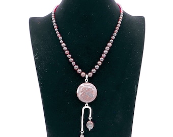 Mars with Phobos and Deimos necklace with antique silver & garnet stones handmade