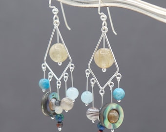 Solar System Sterling Silver and Gemstone Kite Chandelier Earrings