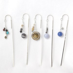 Sterling Silver and Semiprecious Stone Planet and Moon Solar System Bookmarks or Hair Sticks image 1