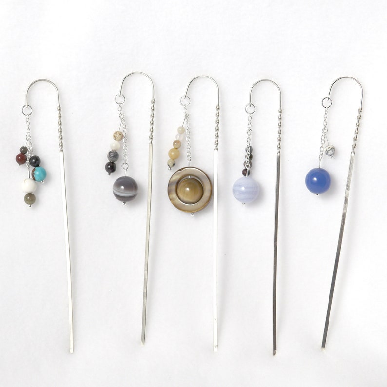 Sterling Silver and Semiprecious Stone Planet and Moon Solar System Bookmarks or Hair Sticks image 1