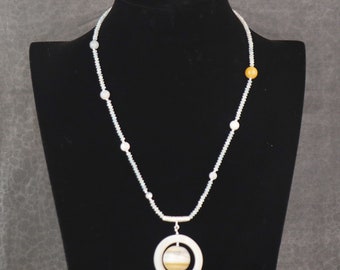 Saturn and Moons Necklace with Botswana Agate and Shell Pendant