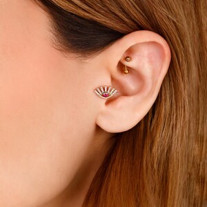 14K Solid Gold Evil Eye Earring, 0.070 Carat Sapphire or Ruby Eye, 0.090 Ct Diamond Eyelashes, Luxury Gemstone Eye Fine Jewelry