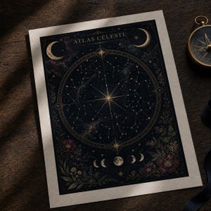 Star Chart Celestial Map Poster, Moon Phases Wall Art, Dark Botanical Astrology Print