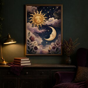 May include: A framed wall art print featuring a golden sun with a human face and a white crescent moon with a human face, both surrounded by purple clouds, twinkling stars, and dark purple flowers against a deep blue night sky background.