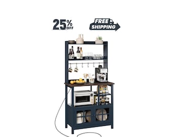 Farmhouse Coffee Bar Cabinet, Blue Hutch with Power Outlets, 6 Hooks, Microwave Stand