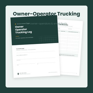 Könnte beinhalten: Ein druckbarer Owner Operator Trucking Log Planer mit dunkelgrüner Kopfzeile und weißen Seiten. Das Deckblatt enthält den Text Owner Operator Trucking Log, 44 printable pages und einen Bereich für Eigentümerinformationen.