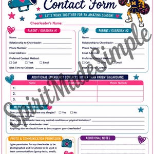 May include: A Parent Contact Form for cheerleaders featuring a blue megaphone, a bee mascot in a cheer uniform, and pink and blue heart and star accents. The document includes sections for parent information, emergency contacts, medical details, and permissions.