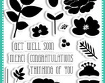 May include: A set of black photopolymer clear stamps by Avery Elle featuring floral silhouettes, leaves, and text phrases including GET WELL SOON, MERCI, CONGRATULATIONS, and THINKING OF YOU. The sheet includes various botanical shapes and a vertical line.