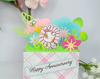 Happy Anniversary Flower Box pop up card, Puppy and Honeybee, garden floral card