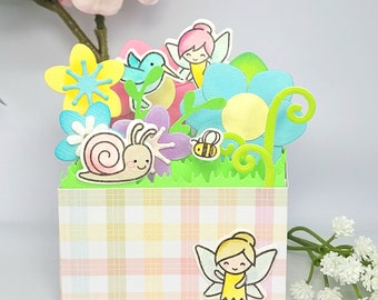 Flower Box Snail Mail pop up card, Fairy garden floral card