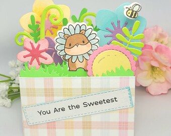 You are the Sweetest Flower Box pop up card, Hamster and Honeybee, garden floral card