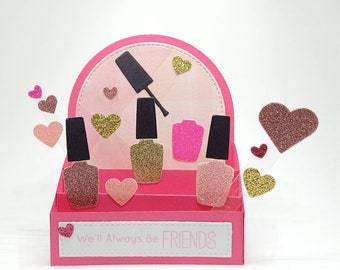 Friendship nail polish pop up card, pink and gold palette, glitter manicure note