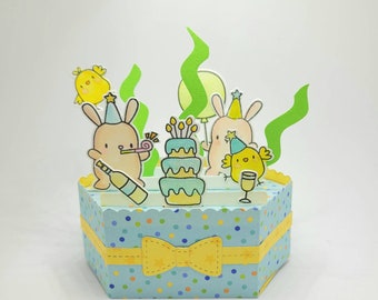 Happy Birthday pop up card, platform greeting with chics and bunnies