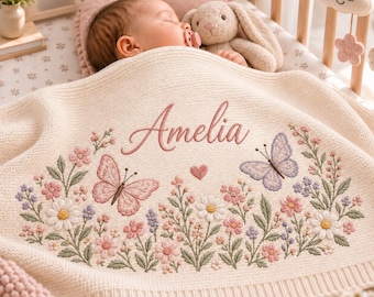 Personalized Wildflower Baby Blanket, Custom Embroidered Name Knit Blanket, Butterfly Nursery Gift, Baby Shower Gift