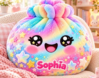 May include: A round, plush, rainbow-colored stuffed toy with a gathered top, featuring a smiling face with large black eyes, pink cheeks, and numerous colorful star-shaped appliqués. The name Sophia is printed in pink letters.