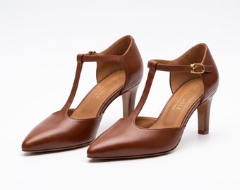 Décolleté da donna in pelle fatte a mano con cinturino a T / Eleganti scarpe con tacco a blocco e punta affusolata / Tacchi perfetti per ufficio e matrimoni