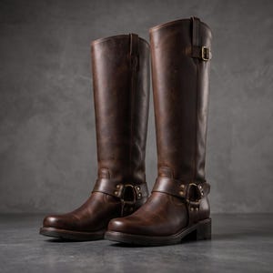 Puede incluir: Un par de botas altas de cuero marrón oscuro con una correa de arnés sobre el tobillo, que incluye un anillo metálico y remaches. Las botas tienen punta redondeada, un tacón bajo y una pequeña correa con hebilla ajustable en la parte superior.