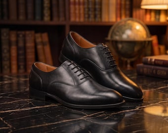 Sapatos Oxford Pretos Masculinos | Sapatos Sociais Artesanais em Couro Genuíno | Sapatos Formais para Negócios e Casamentos | Sapatos Clássicos para Escritório