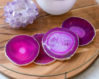 PINK agate coasters. fuchsia geode coasters. magenta gem coasters. SILVER or GOLD rim. coaster set. home decor. drinking coasters