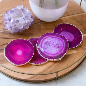 PINK agate coasters. fuchsia geode coasters. magenta gem coasters. SILVER or GOLD rim. coaster set. home decor. drinking coasters