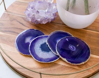 PURPLE agate coasters. SILVER or GOLD rim geode coasters. gem coasters. home decor. housewarming gift. table decorations