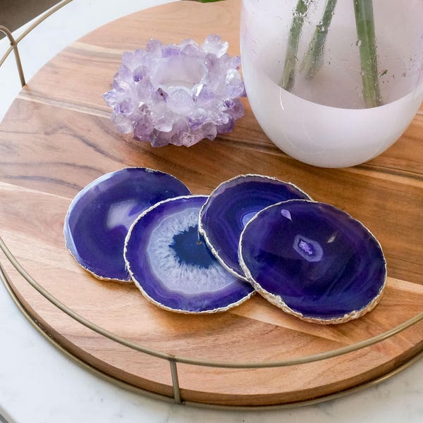 LILA Achat-Untersetzer. SILBER oder GOLD Rand Geode Untersetzer. Edelstein Untersetzer. Wohndeko. Einweihungsgeschenk. Tischdekoration