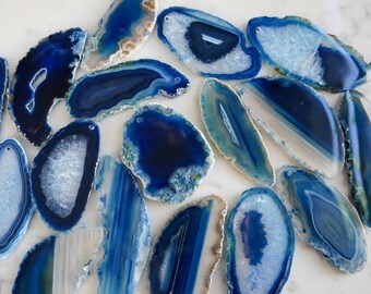BLUE agate slice stones.  DRILLED raw agate slices. Royal blue agate pendant craft project loose agate pieces