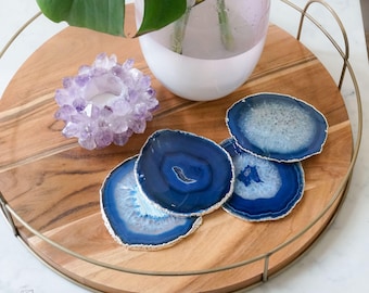 BLUE agate coasters. GOLD or SILVER rim. geode coasters. gem coasters. coaster set. home decor. drinking coasters. housewarming gift.