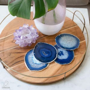 BLUE agate coasters. GOLD or SILVER rim. geode coasters. gem coasters. coaster set. home decor. drinking coasters. housewarming gift.
