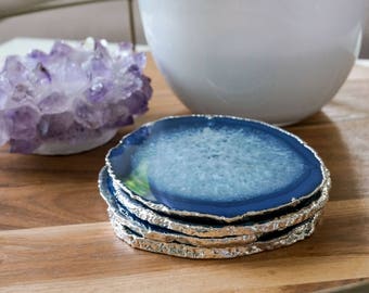 BLUE agate coasters GOLD or SILVER rim. geode coasters. gem coasters. coaster set. home decor. drinking coasters. housewarming gift.