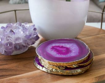 PINK agate coasters. fuchsia geode coasters. magenta gem coasters. SILVER or GOLD rim. coaster set. home decor. drinking coasters