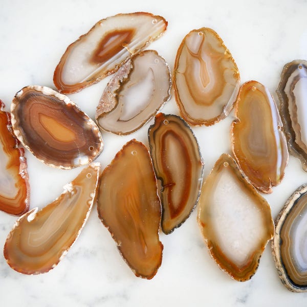 NATURAL agate slice stones.  DRILLED raw agate slices. tan yellow gray agate slices craft project loose agate pieces