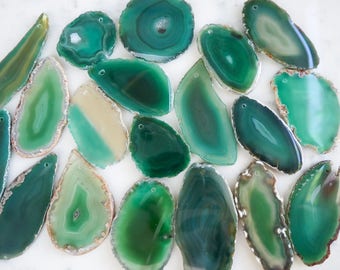 GREEN agate slice stones.  DRILLED raw agate slices. Emerald green agate pendant craft project loose agate pieces