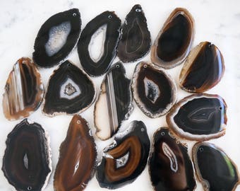 BLACK agate slice stones.  DRILLED raw agate slices. black pendant brown gray agate slices craft project loose agate pieces