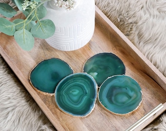 Green Agate Coasters with Gold or Silver Rim, Gemstone Drink Coaster Set
