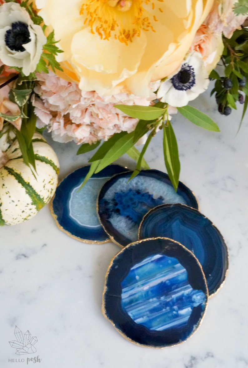 BLUE Agate Coasters. GOLD or SILVER Rim. Geode Coasters. Gem Etsy