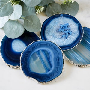 BLUE agate coasters GOLD or SILVER rim. geode coasters. gem coasters. coaster set. home decor. drinking coasters. housewarming gift.