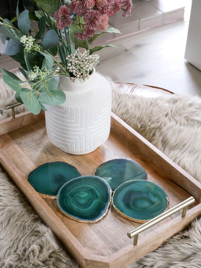 GREEN agate coasters. emerald geode coasters. gem coasters. SILVER or GOLD rim. drinkware coaster set. home decor. bar coasters zdjęcie 5