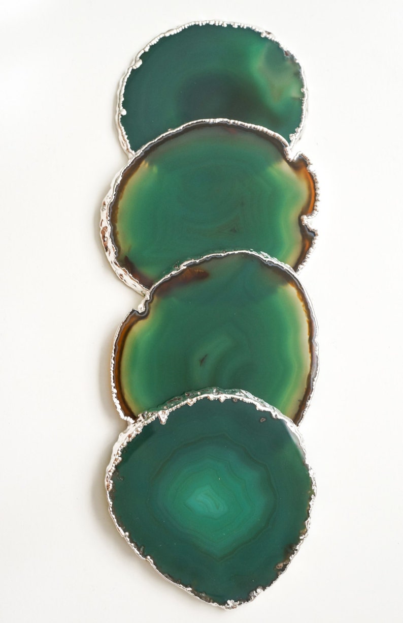 GREEN agate coasters. emerald geode coasters. gem coasters. SILVER or GOLD rim. drinkware coaster set. home decor. bar coasters zdjęcie 7