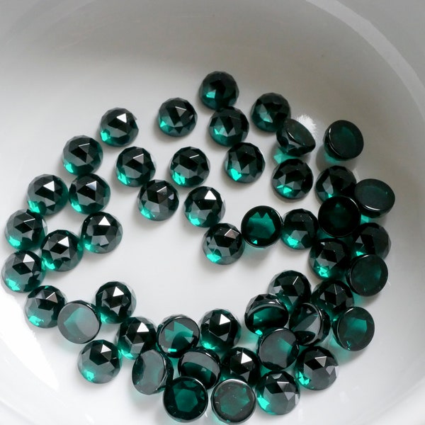 6mm dark emerald rose faceted NANO gemstones. deep green cabochons. lab grown rose cut cab.