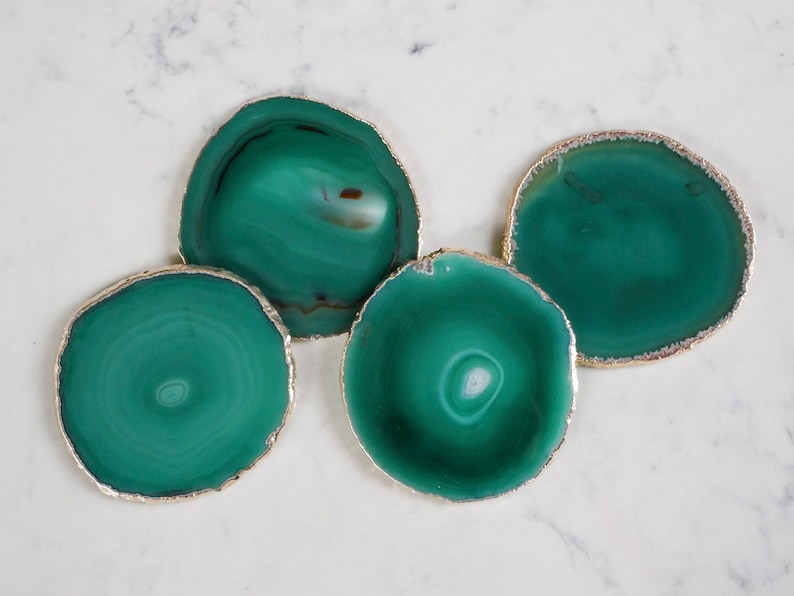 GREEN agate coasters. emerald geode coasters. gem coasters. SILVER or GOLD rim. drinkware coaster set. home decor. bar coasters zdjęcie 4