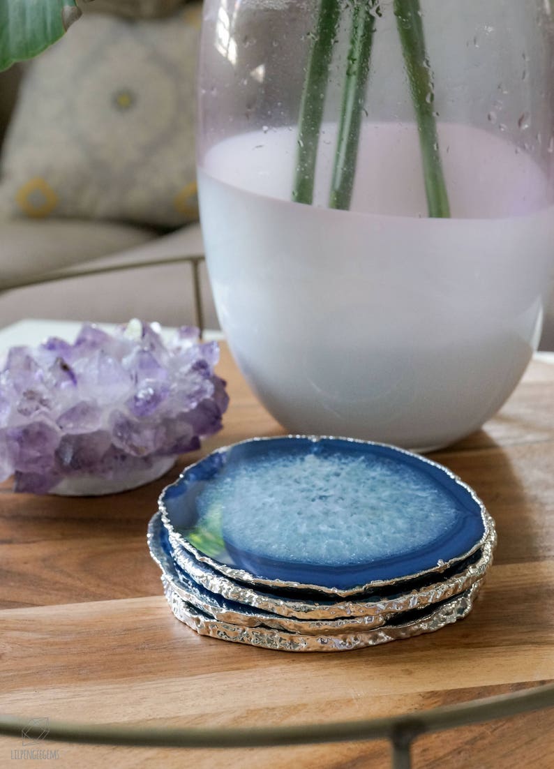 BLUE agate coasters. GOLD or SILVER rim. geode coasters. gem Etsy