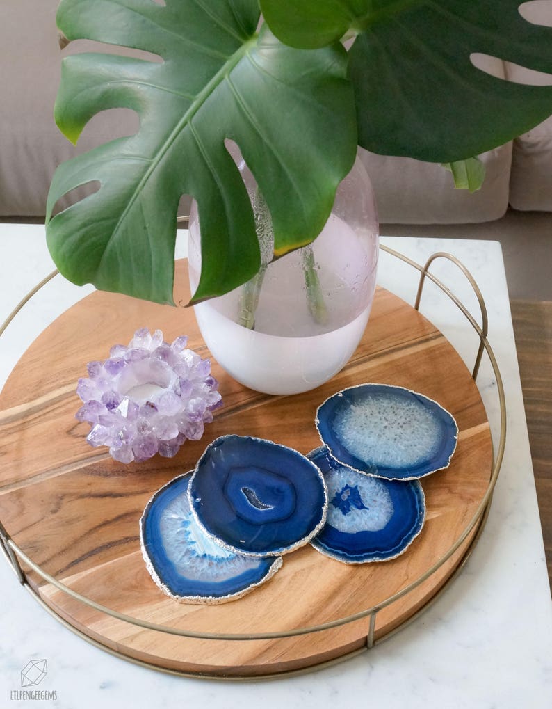 BLUE agate coasters. GOLD or SILVER rim. geode coasters. gem Etsy