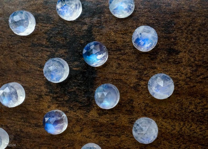 6mm faceted Rainbow Moonstone cabochon. TOP QUALITY. white blue flash gemstone rose cut moonstone 6mm round moonstone image 5