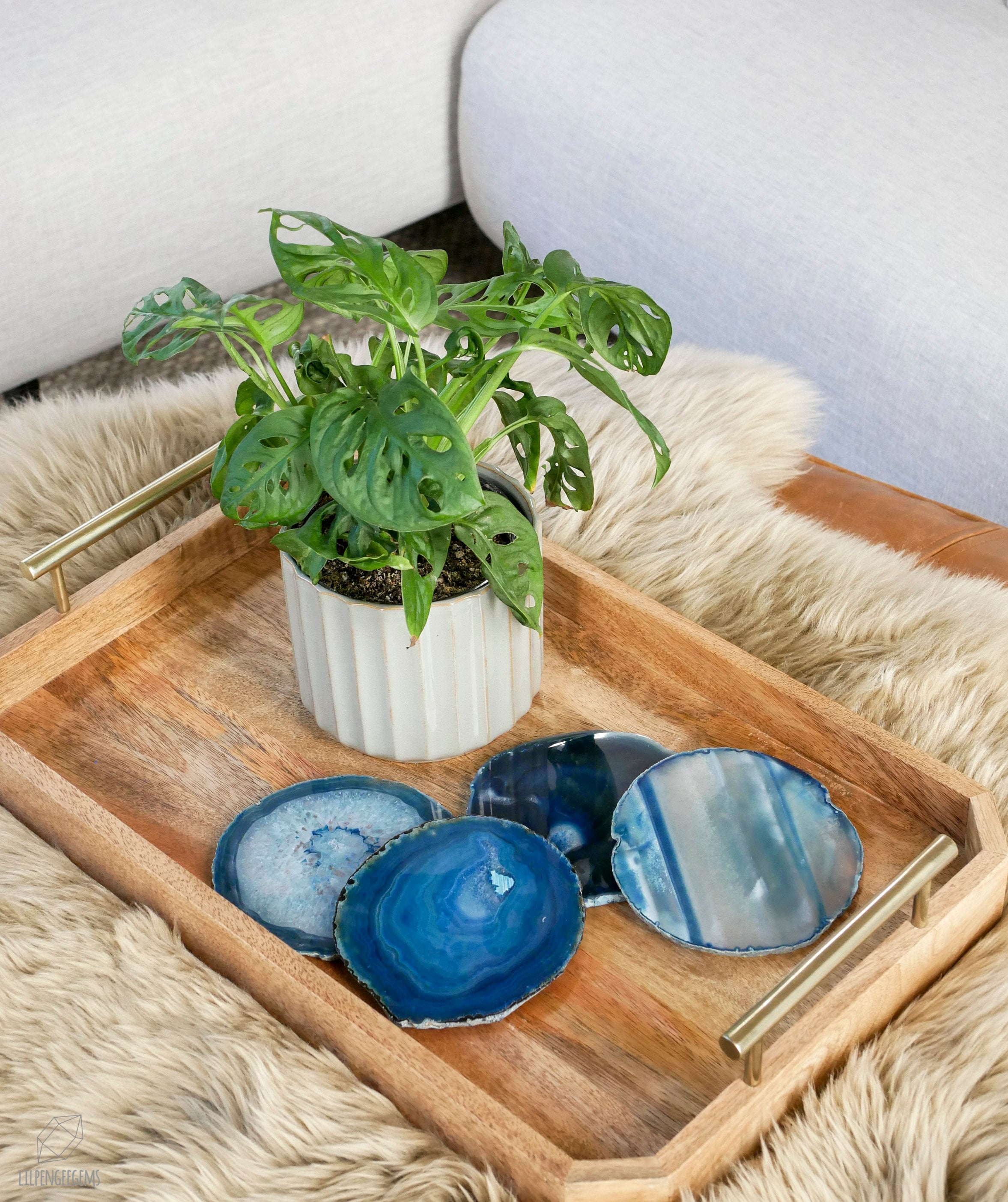 4 Blaue Achat-Untersetzer Mit Silberrand | Modernes Steingeode-Design | 4er-Set Für Drinks