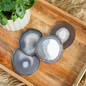 GRAY AGATE coaster sets. grey agate slices coaster sets home decor housewarming luxury decor Gold rim